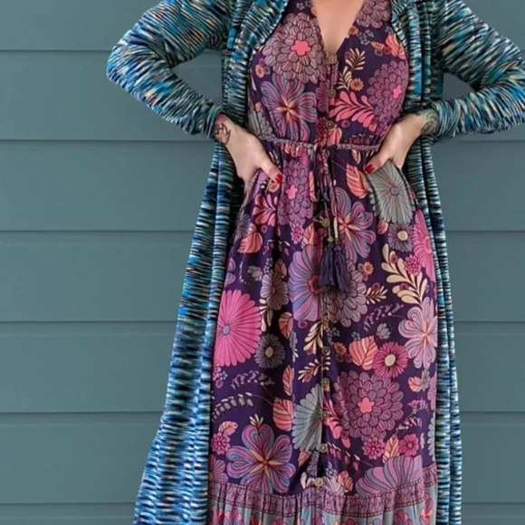 Band Of Gypsies Long Temo Cardigan Blue/Beige Slit Side Button Up SIZE S WOMEN'S - Picture 2 of 16